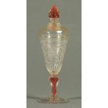 A late 18th century Continental vase or goblet with cover, the knop and stem with red twist work and