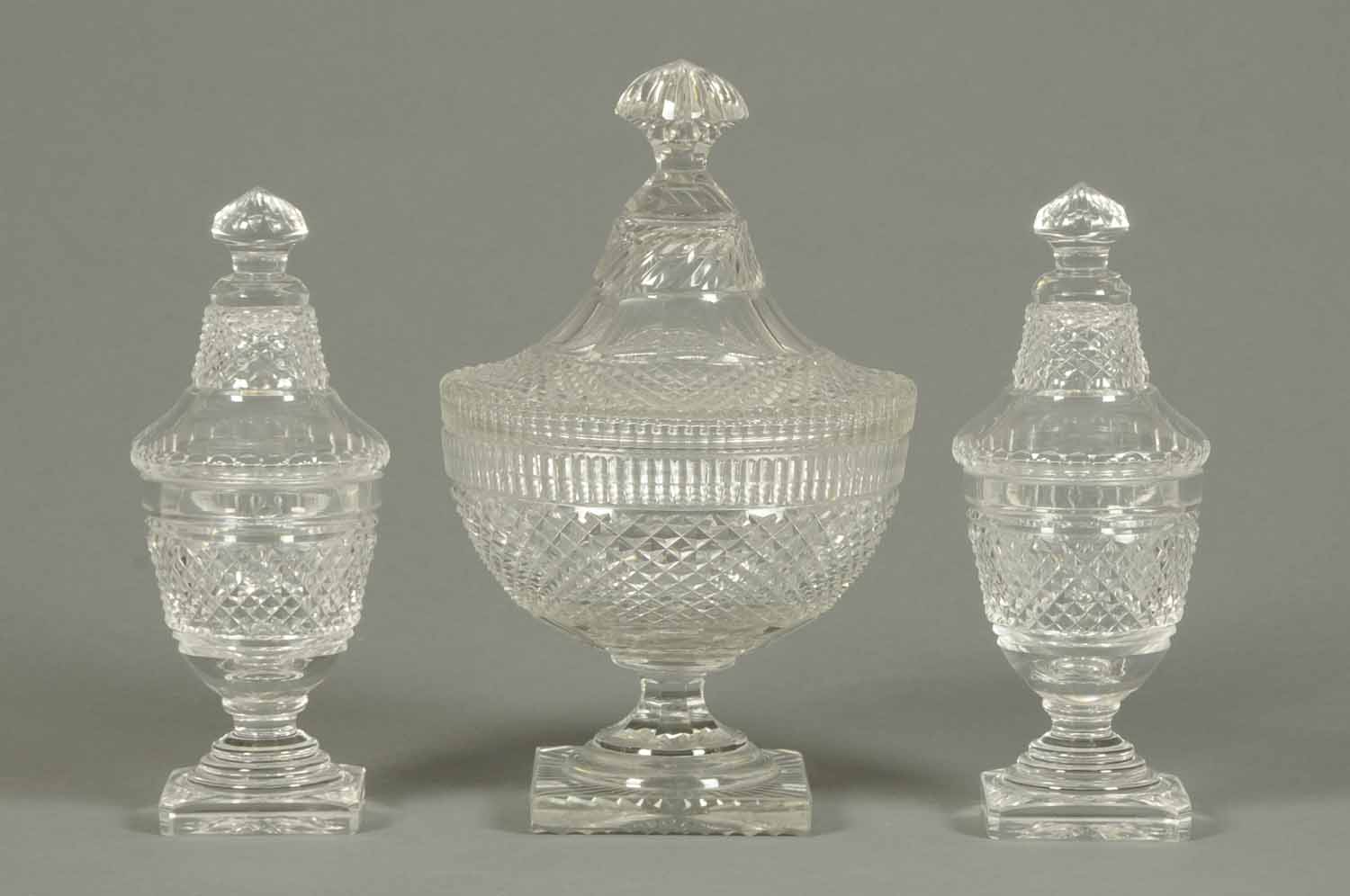 A garniture of three 19th century cut glass vases, each with lid.  Large vase height 11 ins (see - Image 3 of 3