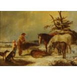 Style of George Morland, oil painting on wooden panel, figures, dogs and horses in winter landscape.