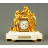 A 19th century bronze figural mantle clock, with scholars to either side of the enamelled dial, with