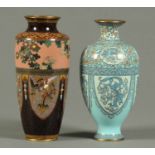 Two Japanese Cloisonne vases.  Heights 7.5 ins and 8 ins.  CONDITION REPORT: The darker of the two