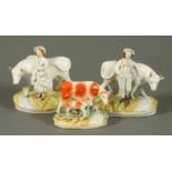 Three 19th century Staffordshire cow calf and figure groups. CONDITION REPORT: The cow and calf