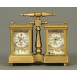 A brass cased combined desk clock/barometer set, with porcelain panels.  Width 12 cm.