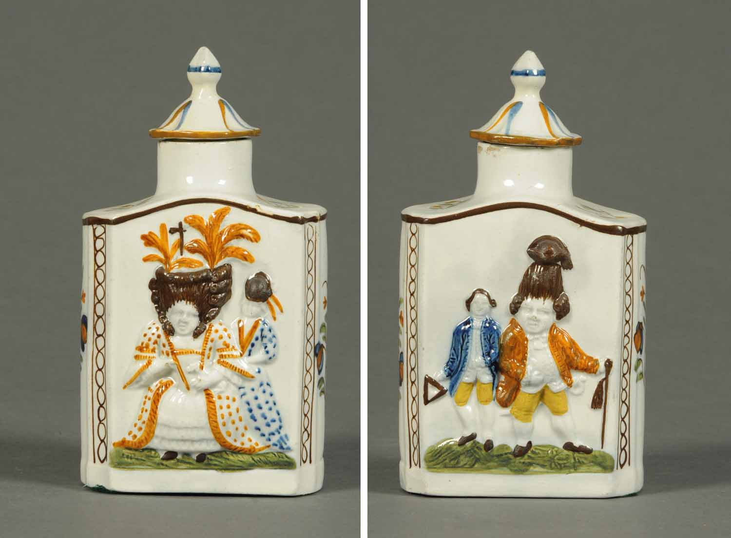 George III Prattware tea caddy, decorated in relief with "Macaroni" figures, circa 1790 and - Image 3 of 10