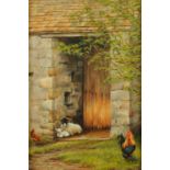 Attributed to Mary Shaw, oil painting, ewe, lamb and cockerel by barn door.  6.5 ins x 4.