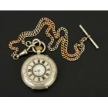 A silver half Hunter fob watch, with gold and silver coloured metal watch chain, enamelled dial,