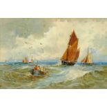 T.B. Hardy, watercolour, fishing vessels.  6 ins x 8.5 ins, framed, signed (see illustration).