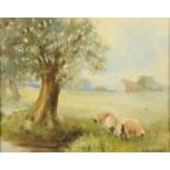 W. Cecil Dunford, oil painting on panel, sheep in woodland.  9 ins x 11 ins, signed and dated 1913.