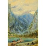 A 19th century watercolour, mountainous landscape with causeway and lake,