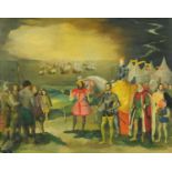 Oil painting on board, "Queen Elizabeth I and The Spanish Armada".  47 ins x 58 ins, framed.