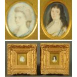 Two portrait miniatures, lady, watercolour on ivory, square, and gentleman, watercolour on ivory,