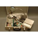 Metal briefcase of flying tying vices, tools, magnifying glass, Wheatley Killroy Patent fly box,