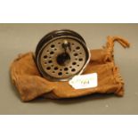 J.W. Young & Sons Beaudex trout fly reel, diameter 3.5 ins, and leather pouch.