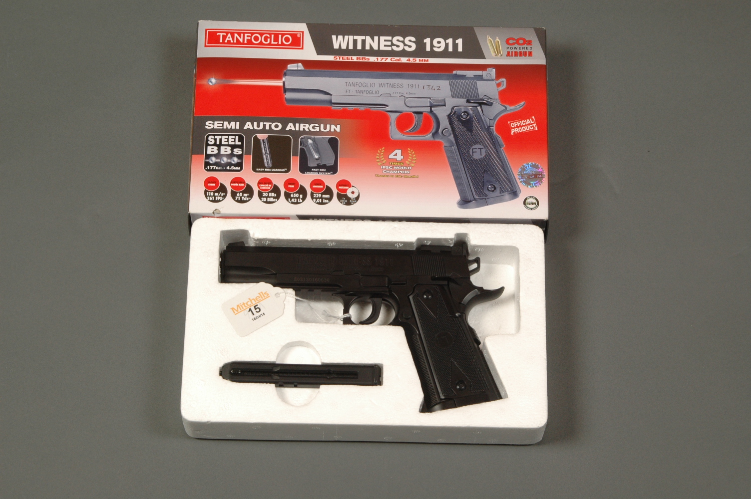 Tanfoglio Witness 1911 .177 CO2 powered BB gun, boxed and with instructions.