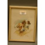 N. Railton watercolour of two foxhounds.  18 cm x 12 cm, signed and dated 1937.