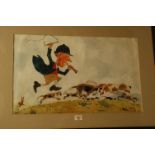 John William Wilkinson (Wilk 1906-1994), watercolour cartoon of Edward Benson running with hounds,