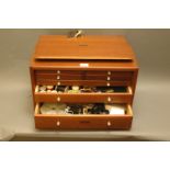 Union wooden specimen box, fly tying kit, tools, cotton, etc.