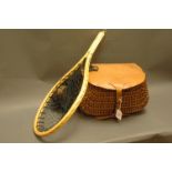 Wicker, leather and canvas creel and wooden hoop landing net.