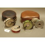 2 Intrepid Gear Fly reels, diameter 3.5 ins, with 3 spare spools and 2 leatherette pouches.