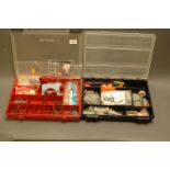 2 plastic tackle boxes, trace making equipment, weights, swim feeders, floats, etc.