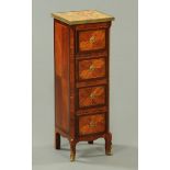 A Continental kingwood and rosewood banded narrow chest of drawers, with marble top,