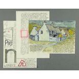 * Percy Kelly, watercolour illustrated letter, "Hamlet at Aberiddy", Sunday 19th April 1980.