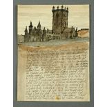 * Percy Kelly, watercolour illustrated letter, St. David's Cathedral, Pembrokeshire.