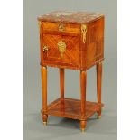 A Continental kingwood and crossbanded bedside cabinet, with marble top with rounded corners,