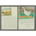 * Percy Kelly, part illustrated letter, watercolours, geese and goslings.  29.5 cm x 20 cm.
