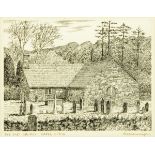 Alfred Wainwright, pen and ink drawing, "The Old Church, Capel, Curig".  17 cm x 21.
