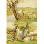 William Sidney Cooper (1854-1927), pair of watercolours, recumbent cattle and sheep by river.