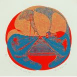 * Raymond Higgs, reduction wood engraving, "Time Catches Its Own Tail", circular.  Diameter 19.