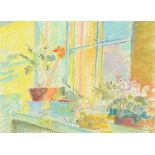 * Jenny Cowern (1943-2005), pastel, "Flowers in Sunny Window".  29 cm x 40.