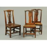 Three 19th century splat back oak kitchen chairs. CONDITION REPORT: One of the two matching chairs