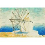 * Winifred Nicholson (1893-1981), coloured crayon, "Windmill in Greece 1974" (Mykonos).  32 cm x 47.