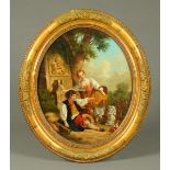 A Victorian reverse painting on glass, oval, figures and dog by fountain.  45 cm x 35 cm, framed.