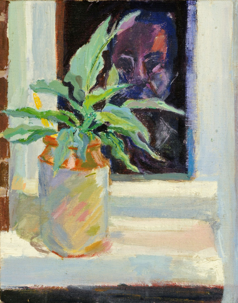 * Oil on canvas, study of stoneware jar and plant with portrait behind.  24 cm x 19 cm.