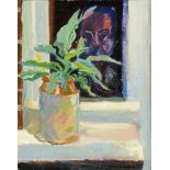 * Oil on canvas, study of stoneware jar and plant with portrait behind.  24 cm x 19 cm.
