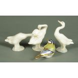 * A Royal Crown Derby paperweight, Great Tit, length 11.5 cm, and three Lladro geese.