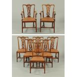 A set of eight Chippendale style dining chairs, two carver arm and six single, mid 20th century,