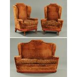 A three piece lounge suite, with braided edge and upholstered in velvet type material,