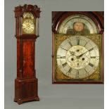 A George III mahogany longcase clock, with swans neck pediment with blind fretwork carving above the