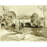 * David Tindle (b. 1932), ink and grisaille watercolour, "A Bridge near Brecon".  23 cm x 29 cm,