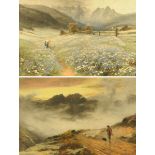 J. MacWhirter RA, pair of overpainted prints, "June in The Austrian Tyrol" and "Evening Mists Isle