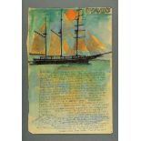 * Percy Kelly, watercolour illustrated letter, depicting a sailing vessel, 43 cm x 28.