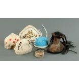 * Four felt hats, tea cosy and small bag, including "Mr Felt" hat by Alexander Pilin, Russia,