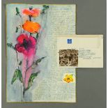 * Percy Kelly, watercolour illustrated letter, poppies, 29.5 cm x 20.