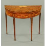 A George III inlaid mahogany turnover top games table, demi-lune,