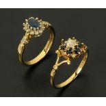 Two 9 ct gold sapphire and diamond dress rings, sizes K and P.