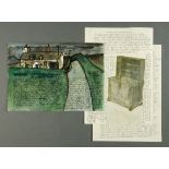 * Percy Kelly, watercolour illustrated letter, cottage by roadside, St.